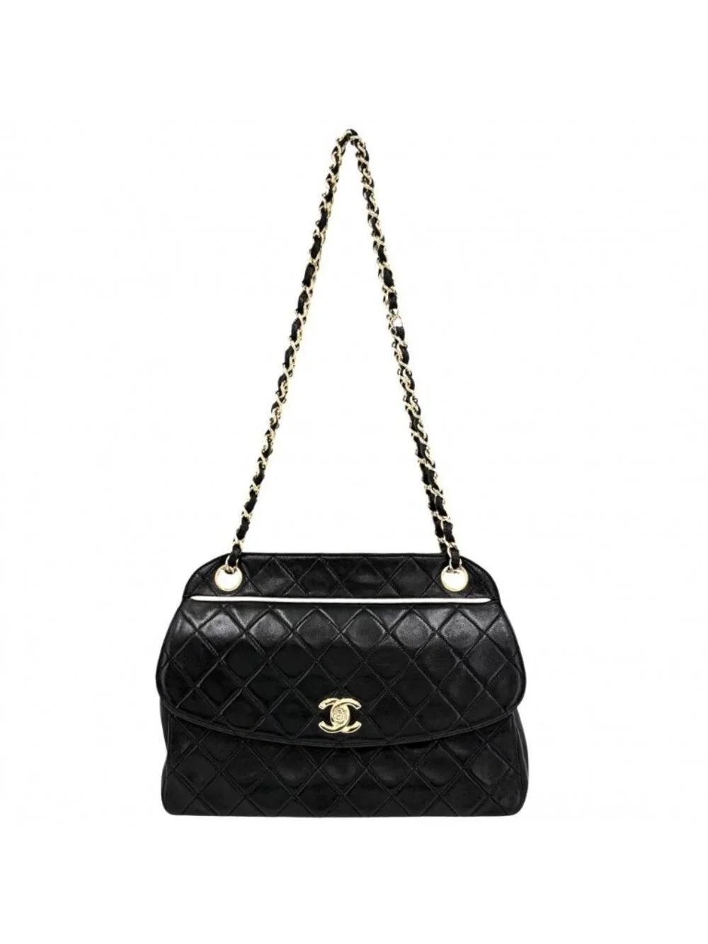 Chanel Shoulder Bag Quilted Chain Turnlock Crossbody CC Logo Lambskin Black Gold
